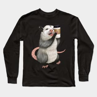 Opossum drinking a cup of coffee Long Sleeve T-Shirt